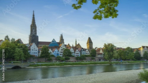 City of Ulm in Germany during a sunset, Old Town with Cathedral. Timelapse video
