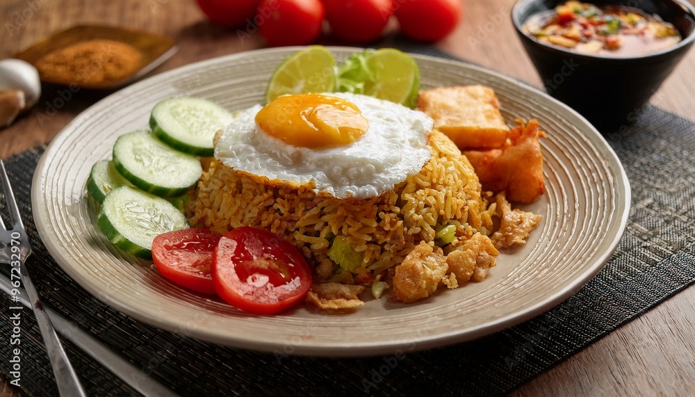 A plate of flavorful Indonesian Nasi Goreng, featuring stir-fried rice mixed with fresh vegetables, chicken, and topped with a fried egg, garnished with fresh herbs A plate of flavorful Indonesian Nasi Goreng, featuring stir-fried rice mixed with fresh vegetables, chicken, and topped with a fried egg, garnished with fresh herbs