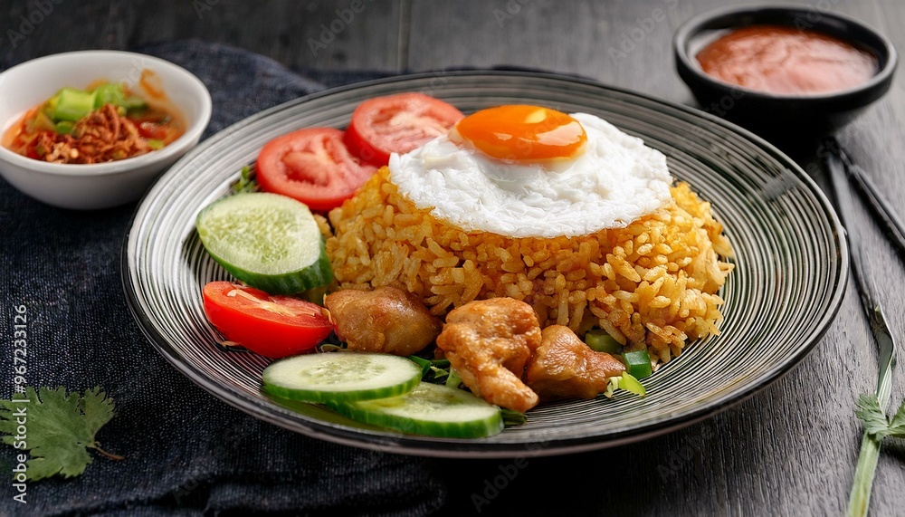 A plate of flavorful Indonesian Nasi Goreng, featuring stir-fried rice mixed with fresh vegetables, chicken, and topped with a fried egg, garnished with fresh herbs A plate of flavorful Indonesian Nasi Goreng, featuring stir-fried rice mixed with fresh vegetables, chicken, and topped with a fried egg, garnished with fresh herbs
