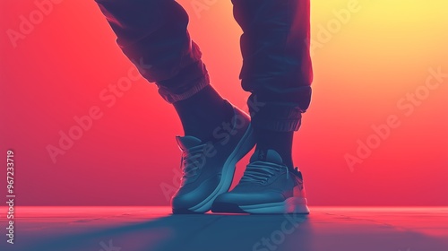 Stylish gray sneakers on a person's feet against an eye-catching gradient backdrop highlighting a vibrant urban atmosphere