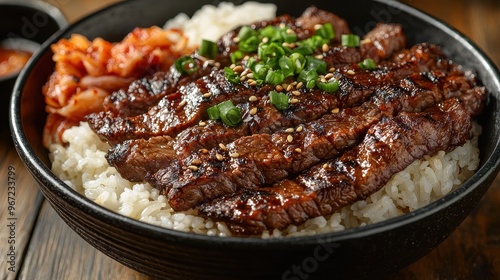 Grilled marinated beef bulgogi on rice topped with sesame seeds and green onions