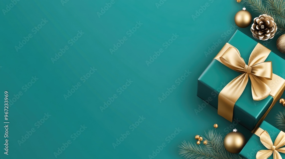 Elegant golden ribbon shaped like a Christmas tree on a festive green background with space for your holiday message Elegant golden ribbon shaped like a Christmas tree on a festive green background with space for your holiday message