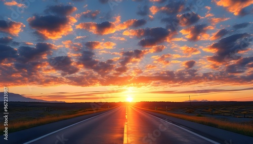 Serene empty road under a vibrant sunset sky adorned with clouds, inviting tranquility and reflection