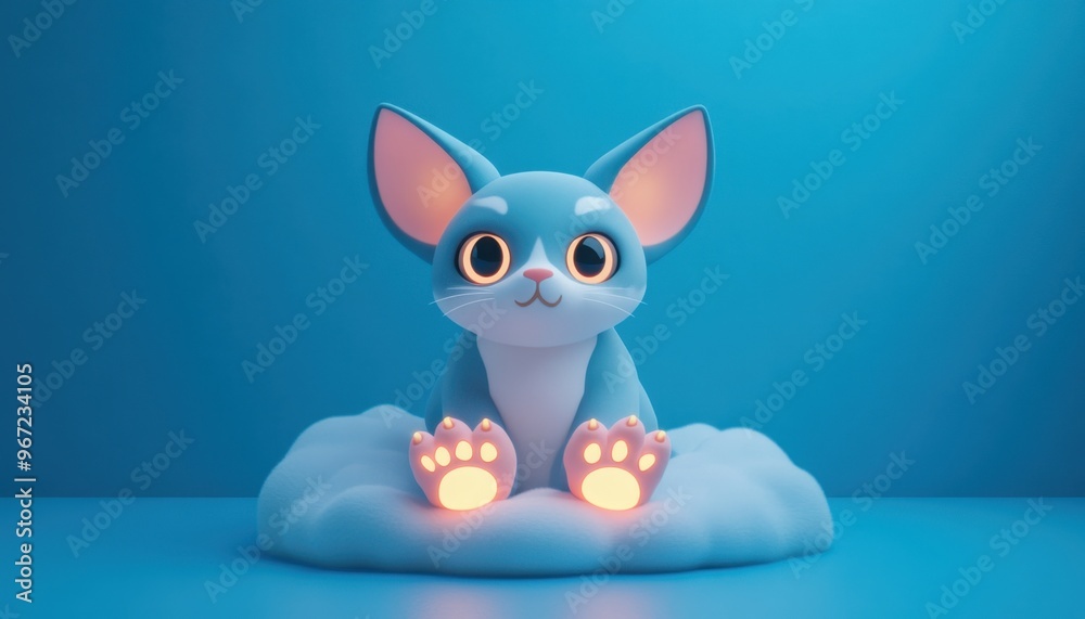 Fototapeta premium A cute blue cartoon rabbit sitting on a cloud, glowing with charm and innocence against a vibrant blue background.