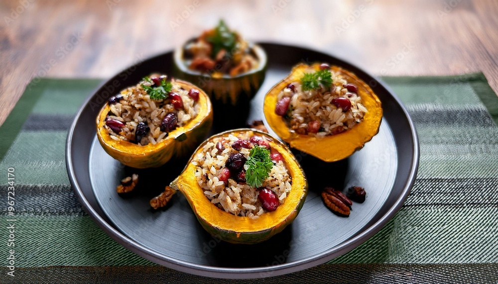 Platter of beautifully presented stuffed acorn squash, filled with a tasty mixture of wild rice, dried cranberries, and spices, perfect for a festive meal. Platter of beautifully presented stuffed acorn squash, filled with a tasty mixture of wild rice, dried cranberries, and spices, perfect for a festive meal.
