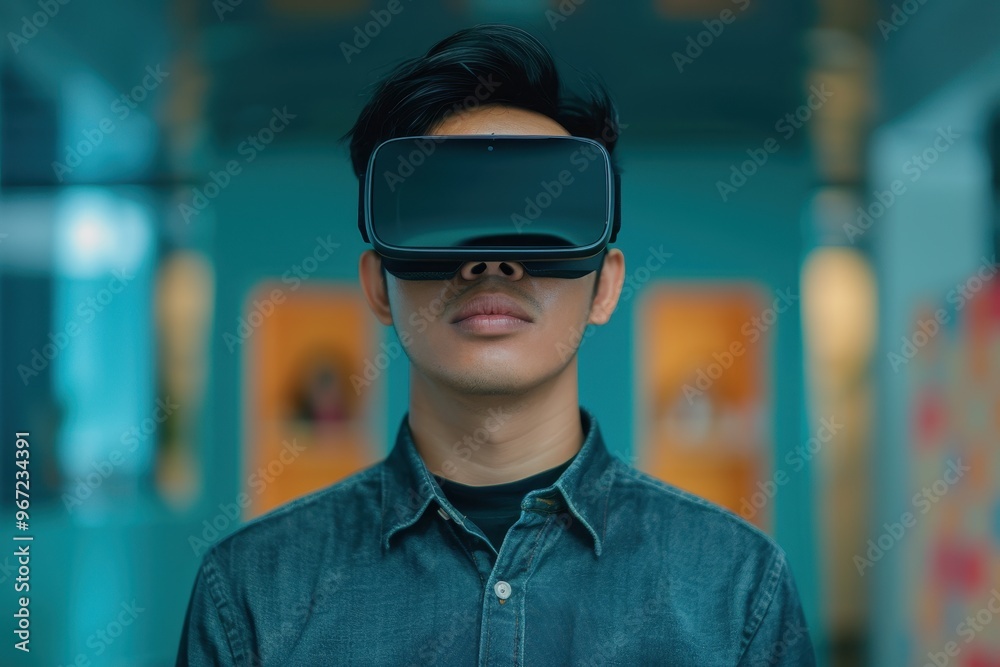 Close-up of a man wearing a virtual reality headset, experiencing immersive digital content in a modern, futuristic environment.