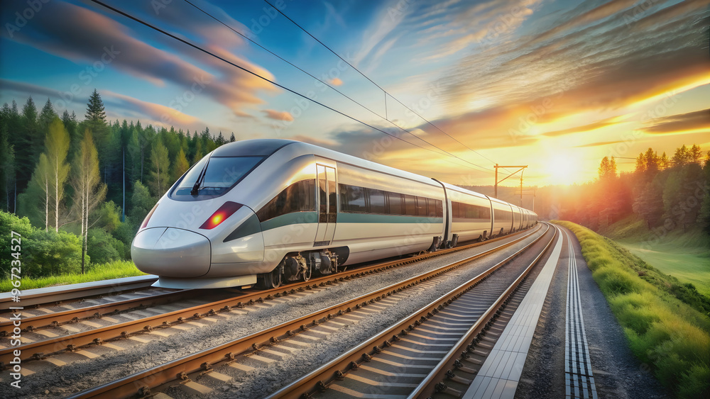 Fototapeta premium Sleek and eco-friendly modern electrical train speeding along tracks , transportation, innovation