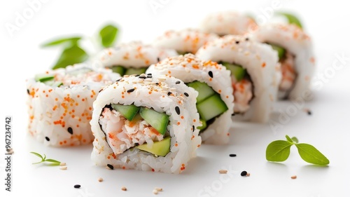 A colorful California roll sushi featuring crab meat, avocado, and cucumber.