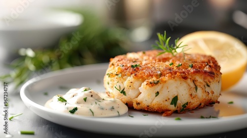 A close-up of a crab cake with a golden-brown crust and remoulade sauce.