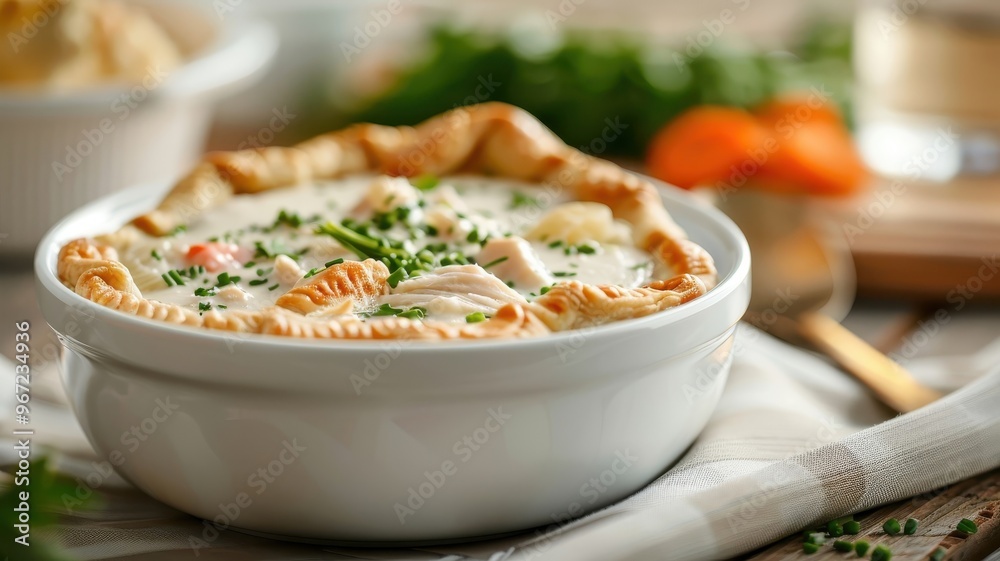 A steaming bowl of turkey pot pie, a comforting and satisfying meal. A steaming bowl of turkey pot pie, a comforting and satisfying meal.