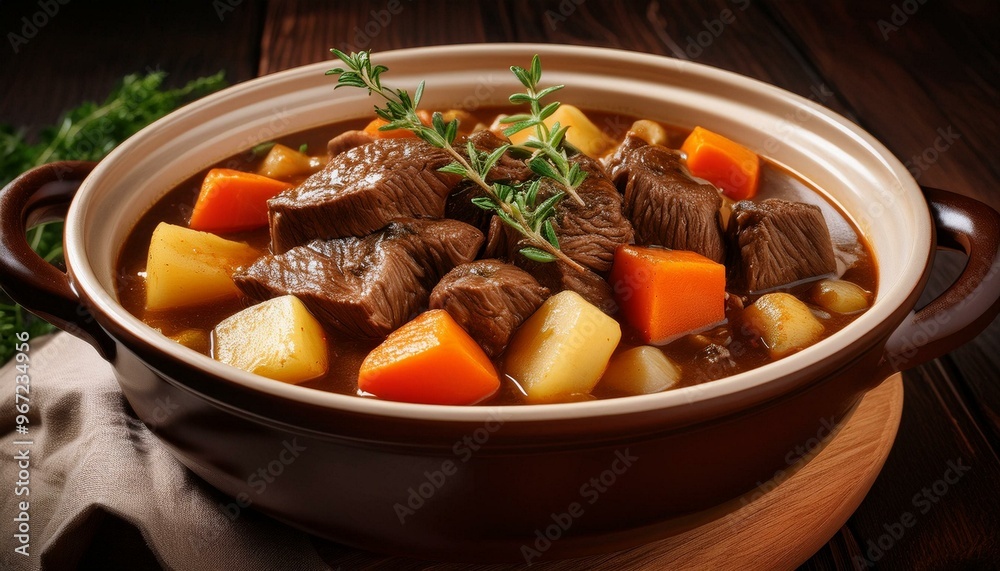 A pot of hearty beef stew simmering on the stove, filled with tender beef chunks, carrots, potatoes, and parsley, embodying home-cooked comfort food A pot of hearty beef stew simmering on the stove, filled with tender beef chunks, carrots, potatoes, and parsley, embodying home-cooked comfort food