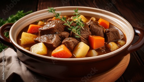  A pot of hearty beef stew simmering on the stove, filled with tender beef chunks, carrots, potatoes, and parsley, embodying home-cooked comfort food