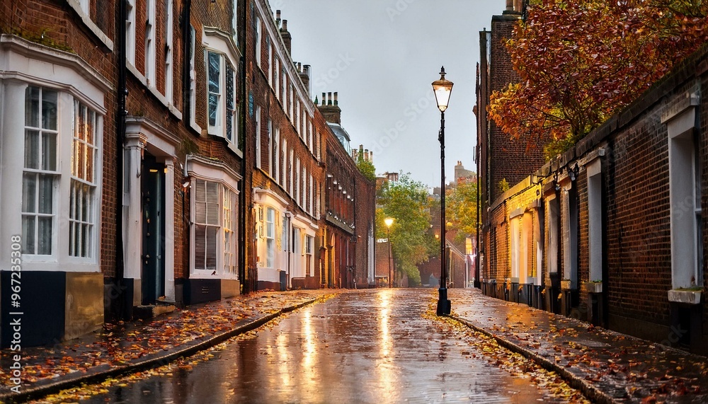Fototapeta premium A serene London street blanketed with wet autumn leaves after a recent rain, showcasing the tranquil and reflective mood of the city in fall.