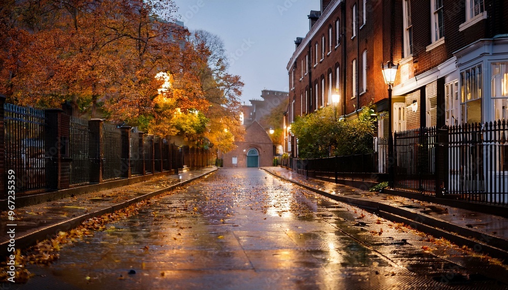 A serene London street blanketed with wet autumn leaves after a recent rain, showcasing the tranquil and reflective mood of the city in fall. A serene London street blanketed with wet autumn leaves after a recent rain, showcasing the tranquil and reflective mood of the city in fall.
