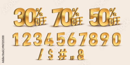 3D gold vector numbers Illustration 30%, 50%, 70% percent set. Sale off discount promotion set made of realistic golden numbers 3d. Template discount vector for your unique selling poster, banner ads.