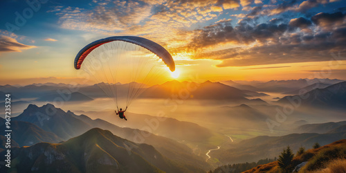 Paraglider soaring over mountains at sunset, paraglider, sunset, landscape, adventure, flying, thrill