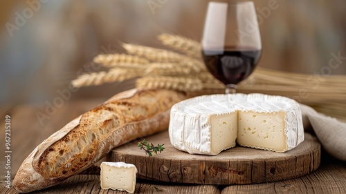 A wheel of Brie cheese on a rustic wooden table with baguette and red wine.