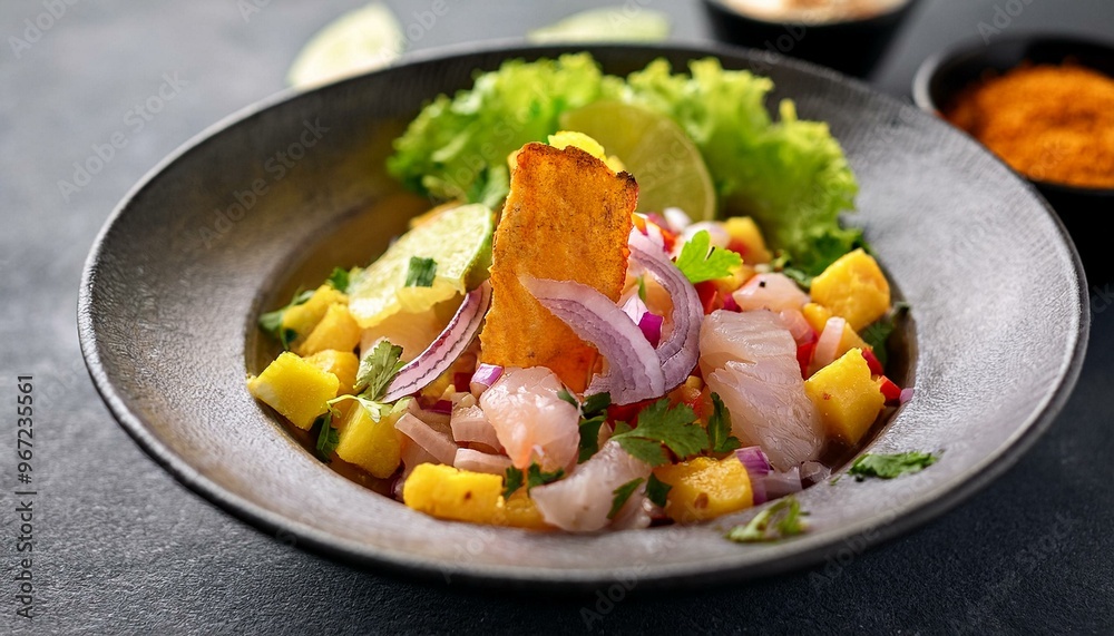 A refreshing Peruvian ceviche featuring fresh fish marinated in lime juice, mixed with onions, cilantro, and spices, served with a side of crunchy corn and sweet potato. A refreshing Peruvian ceviche featuring fresh fish marinated in lime juice, mixed with onions, cilantro, and spices, served with a side of crunchy corn and sweet potato.