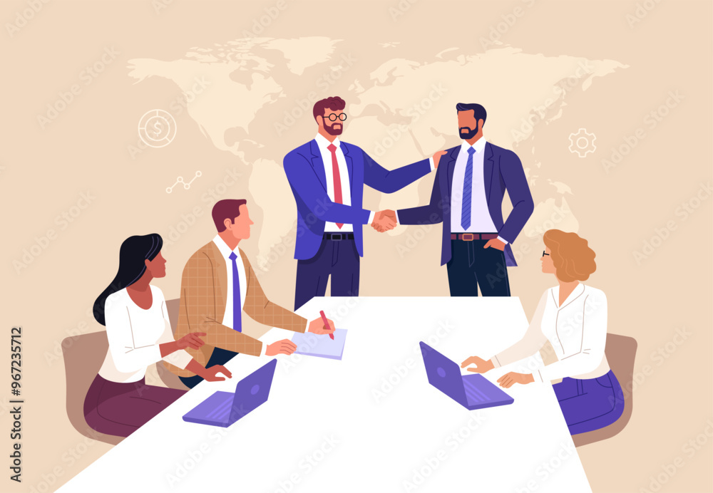 Business Agreement Concept. Vector illustration in flat style of a group of diverse people sitting at a desk and two businessmen at the head shaking hands with a world map in the background. Business Agreement Concept. Vector illustration in flat style of a group of diverse people sitting at a desk and two businessmen at the head shaking hands with a world map in the background.