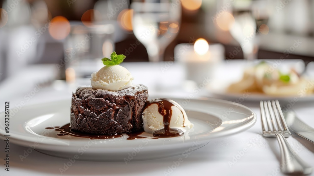 A molten chocolate lava cake with a gooey chocolate center and vanilla bean ice cream. A molten chocolate lava cake with a gooey chocolate center and vanilla bean ice cream.