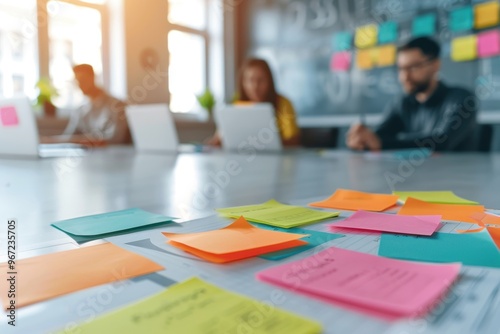 Close-up of colorful sticky notes spread across a table during a brainstorming session, with a team in the background working on laptops in a modern office.