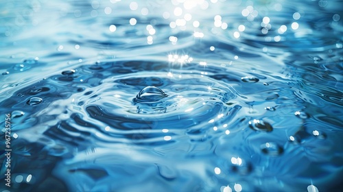  Blue water with surface ripples. Blurred and defocused clear water texture, featuring transparent, calm blue tones with splashes and bubbles. Shimmering water waves create a textured background.