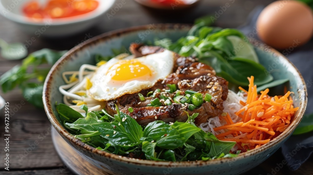 A vibrant Vietnamese com tam with grilled pork chop, egg, pickled vegetables, and fish sauce. A vibrant Vietnamese com tam with grilled pork chop, egg, pickled vegetables, and fish sauce.