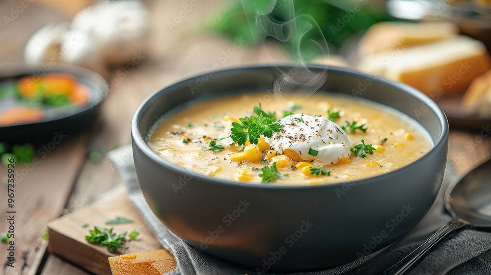 A steaming bowl of creamy corn chowder, garnished with fresh herbs and sour cream. A steaming bowl of creamy corn chowder, garnished with fresh herbs and sour cream.