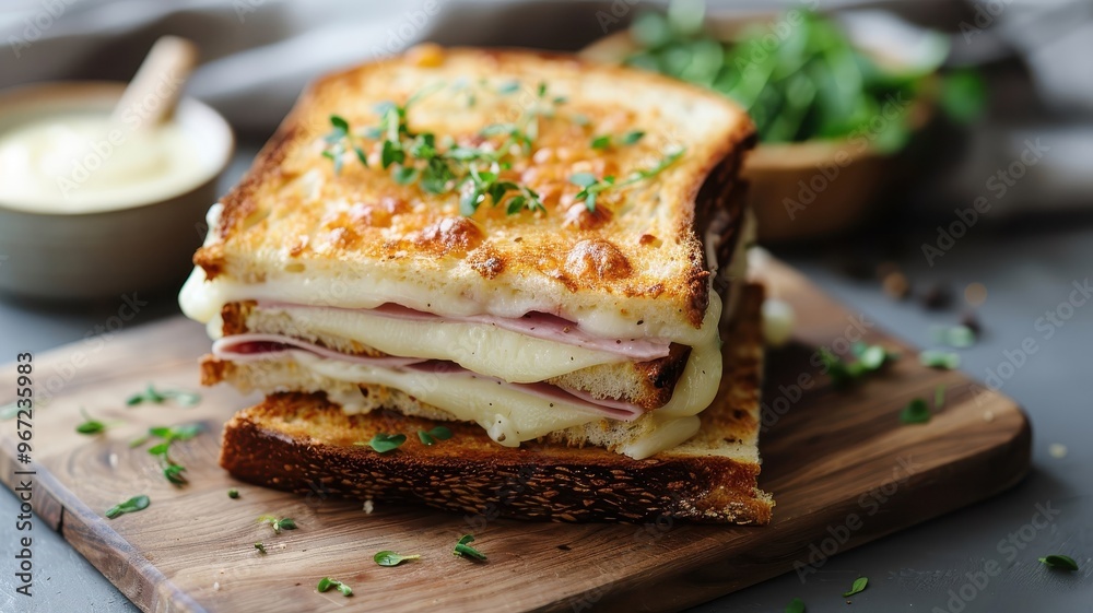 A classic French croque monsieur with ham, Gruyère cheese, and béchamel sauce. A classic French croque monsieur with ham, Gruyère cheese, and béchamel sauce.