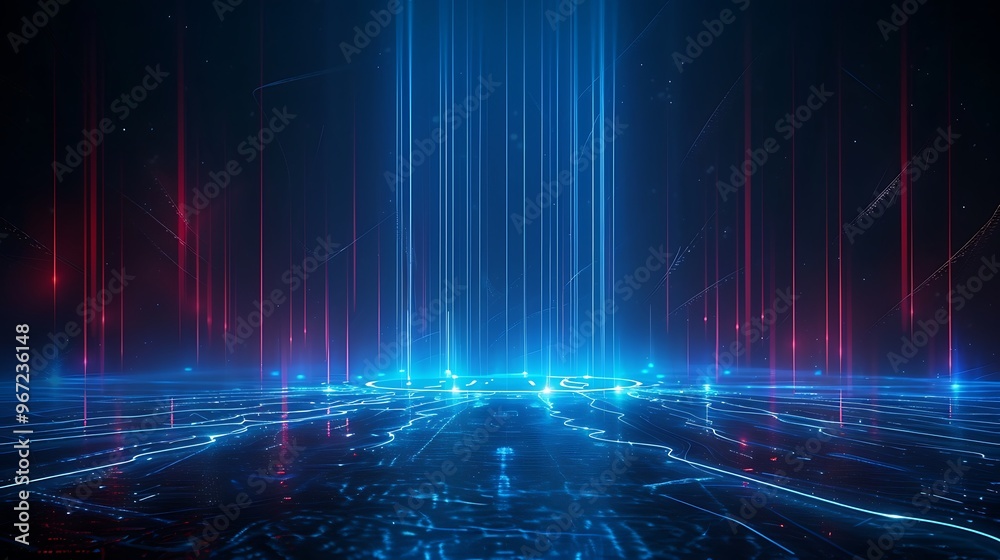 A captivating abstract design showcasing vibrant blue and red light beams in a dark space, creating a futuristic atmosphere. Stage for product presentation. A captivating abstract design showcasing vibrant blue and red light beams in a dark space, creating a futuristic atmosphere. Stage for product presentation.