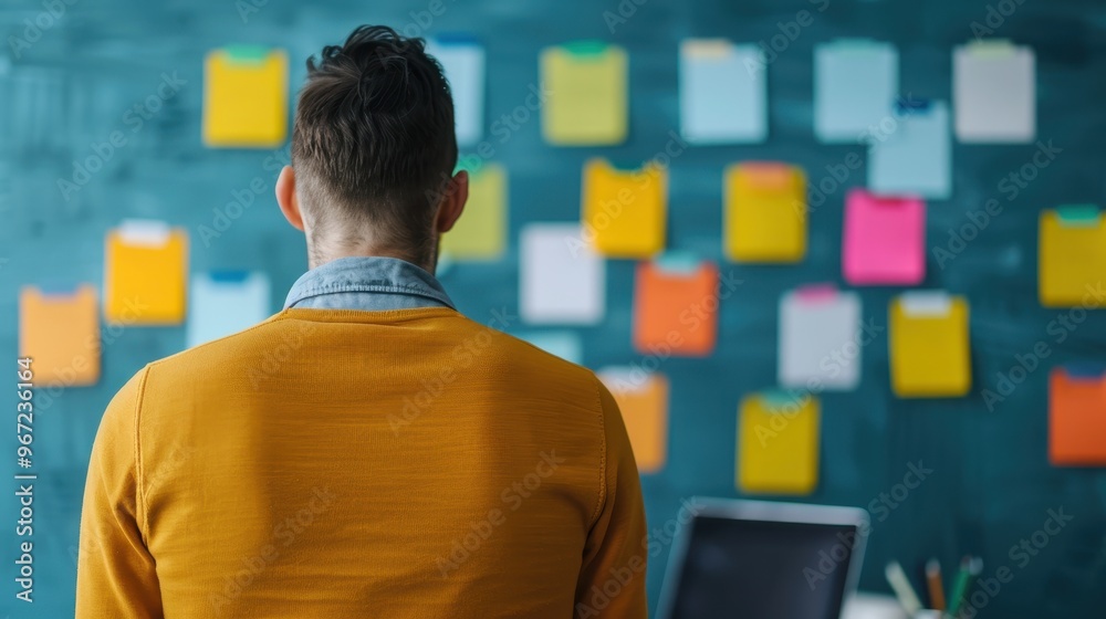Rear view of a man standing in front of a board covered with colorful sticky notes, brainstorming ideas in a creative workspace or office.