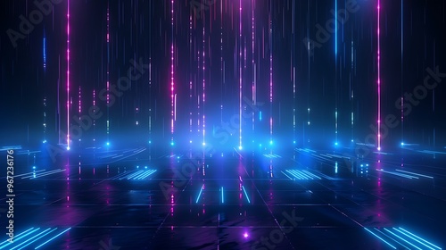 Wallpaper Mural A captivating abstract digital scene featuring vibrant blue and pink neon lights creating a mesmerizing futuristic atmosphere. Stage for product presentation. Torontodigital.ca
