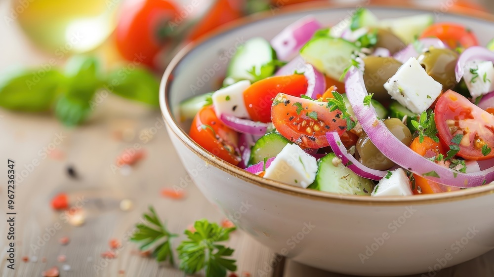 A vibrant Greek salad with tomatoes, cucumbers, red onions, olives, and feta cheese. A vibrant Greek salad with tomatoes, cucumbers, red onions, olives, and feta cheese.
