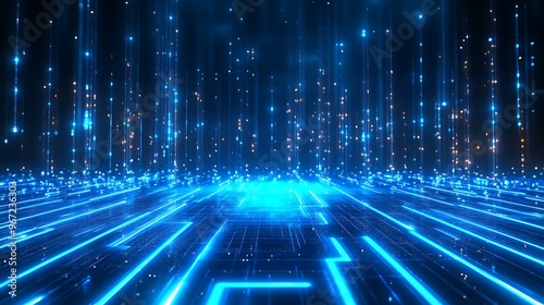 A captivating blue digital landscape with glowing lines and particles, perfect for technology and futuristic themes. Stage for product presentation.