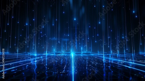 A captivating blue digital landscape with vertical lines and glowing particles, perfect for backgrounds and technology themes. Stage for product presentation.