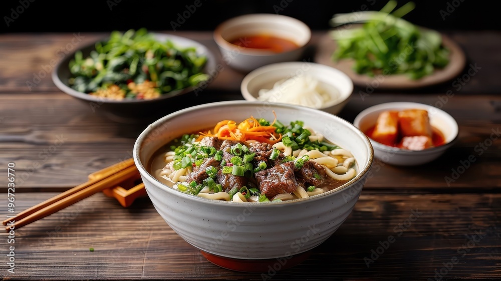 A bowl of hand-pulled Lanzhou beef noodles on a rustic wooden table.
