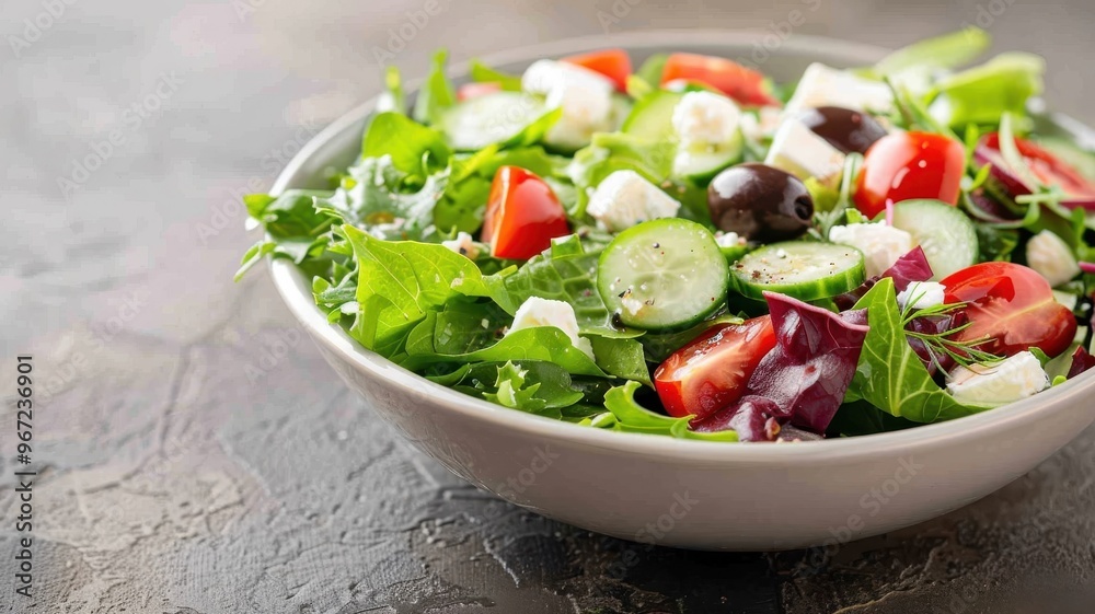 A vibrant Mediterranean salad with fresh vegetables, feta cheese, and a zesty vinaigrette. A vibrant Mediterranean salad with fresh vegetables, feta cheese, and a zesty vinaigrette.