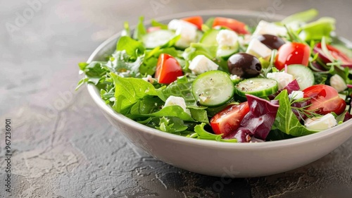 A vibrant Mediterranean salad with fresh vegetables, feta cheese, and a zesty vinaigrette.