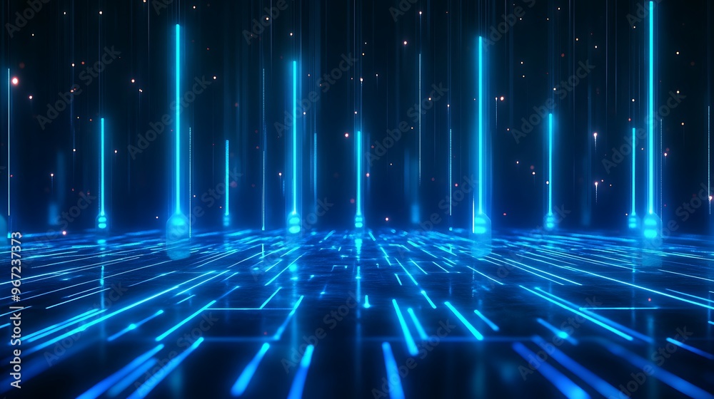 A futuristic blue light grid with glowing beams and digital patterns, ideal for technology and sci-fi themes. Stage for product presentation. A futuristic blue light grid with glowing beams and digital patterns, ideal for technology and sci-fi themes. Stage for product presentation.