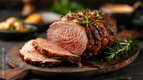 A close-up of a succulent prime rib roast, sliced and ready to be served. photo