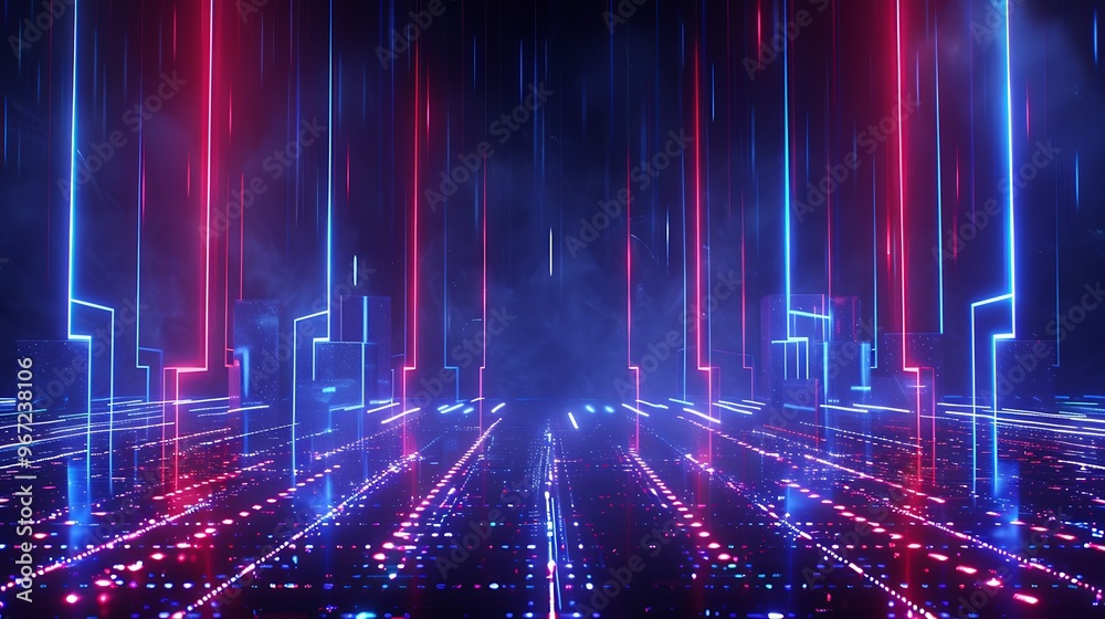 A futuristic digital landscape featuring illuminated lines and glowing dots, creating a vibrant neon atmosphere. Stage for product presentation. A futuristic digital landscape featuring illuminated lines and glowing dots, creating a vibrant neon atmosphere. Stage for product presentation.