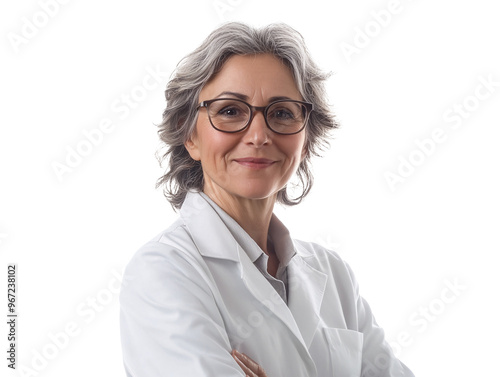 a woman wearing glasses and a white coat