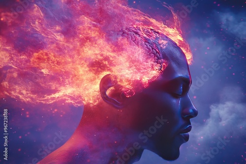 Auditory flow neural energy neural flow bioelectricity and focus silhouette of a man with cosmic neural energy symbolizing transformation inner strength and imagination photo