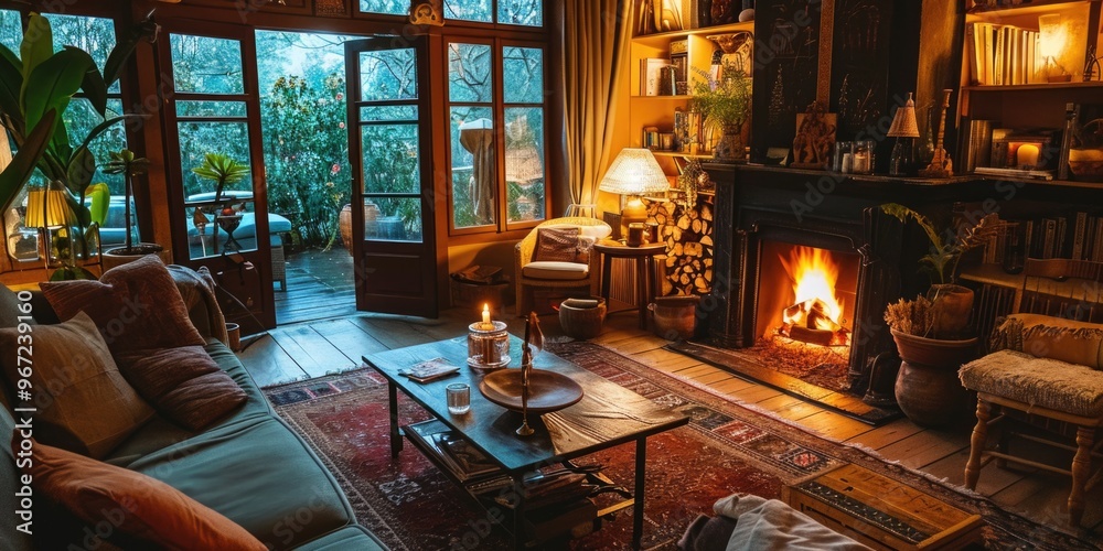 Inviting Home Ambiance: Cozy Living Room with Fireplace, Comfortable Furniture, and Rustic Elegance Inviting Home Ambiance: Cozy Living Room with Fireplace, Comfortable Furniture, and Rustic Elegance