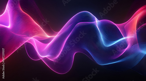 Abstract purple wave lines from particles and dots of energetic magic with glow effect and blur bokeh abstract background, Abstract blurred background in trendy neon colors