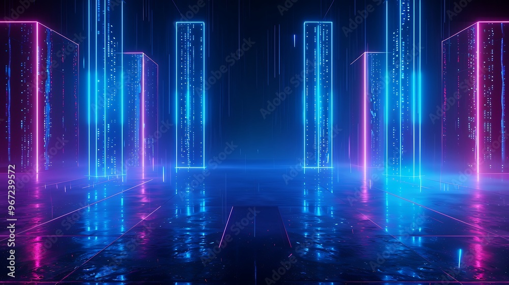 A futuristic digital landscape with glowing pillars in vibrant blue and pink colors, perfect for technology and sci-fi themes. Stage for product presentation. A futuristic digital landscape with glowing pillars in vibrant blue and pink colors, perfect for technology and sci-fi themes. Stage for product presentation.