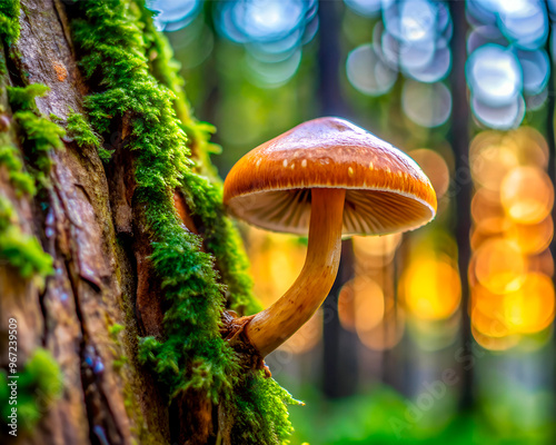 A close up photo of a mushroom vibrant colorful. Growing in verdant tree forest mushroom. photo