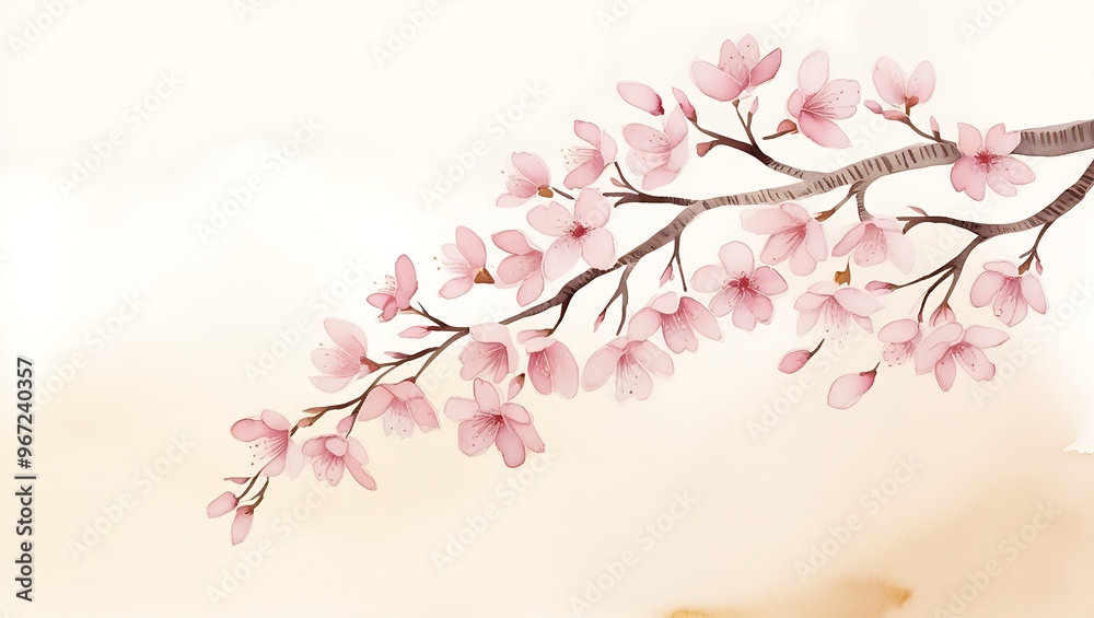 Delicate watercolor of a cherry blossom branch with soft pink flowers. Light petals float against a subtle white gradient background for an elegant scene.