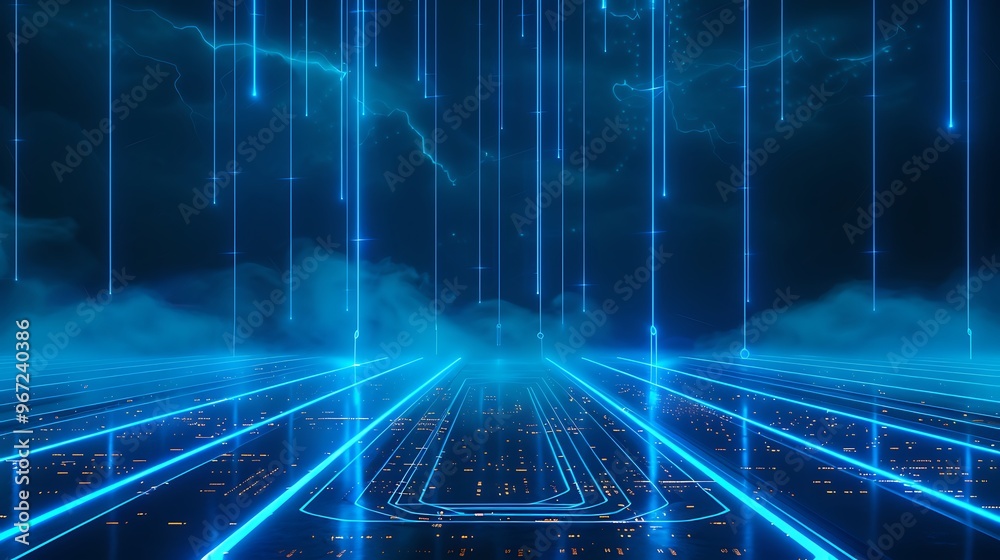 A futuristic landscape featuring glowing blue lines and digital effects, perfect for technology and sci-fi themes. Stage for product presentation. A futuristic landscape featuring glowing blue lines and digital effects, perfect for technology and sci-fi themes. Stage for product presentation.