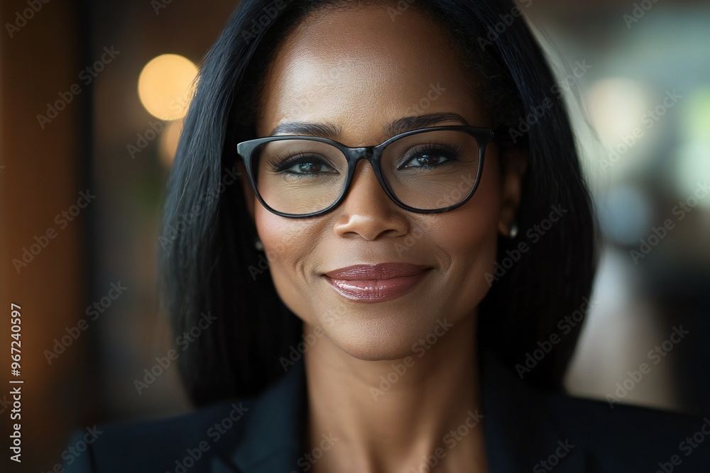 Happy middle aged professional african american business woman, smiling mature executive ceo manager, 45 years old female entrepreneur, confident business owner wearing glasses in office. Headshot por Happy middle aged professional african american business woman, smiling mature executive ceo manager, 45 years old female entrepreneur, confident business owner wearing glasses in office. Headshot por